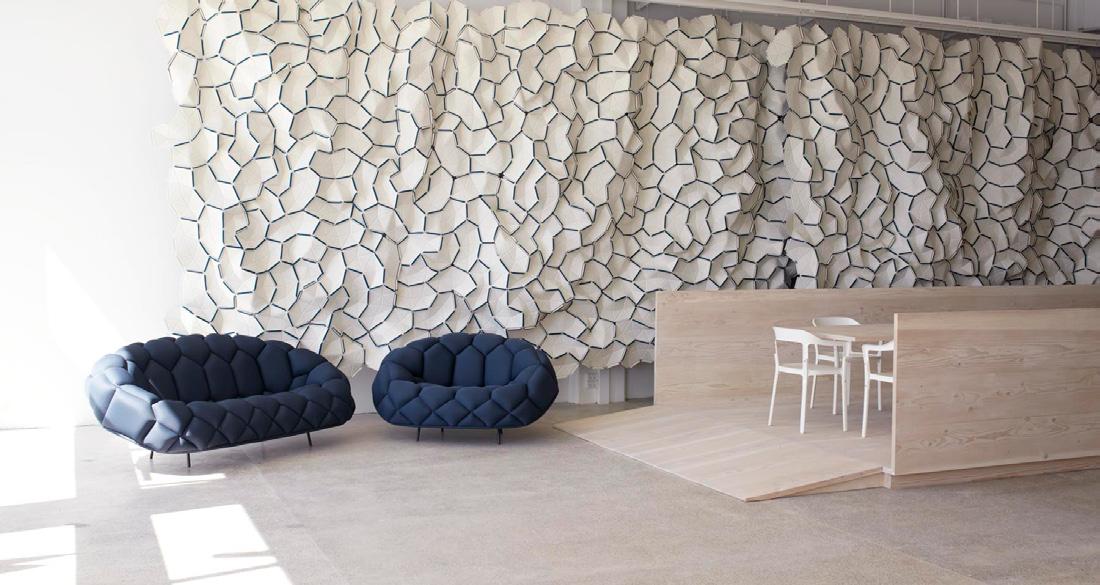 kvadrat-showroom11 Kvadrat showroom in Copenhagen featuring clouds for kvadrat, quilt sofa for established and sons and steelwood chair for magis: all by Ronan and Erwan Bouroullec