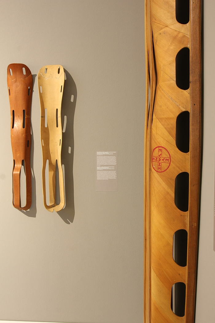1940s moulded plywood leg splints and stretchers by Charles and Ray Eames through Evans, as seen at Charles & Ray Eames. The Power of Design, Vitra Design Museum (30-09.2017 - 25.02.2018)