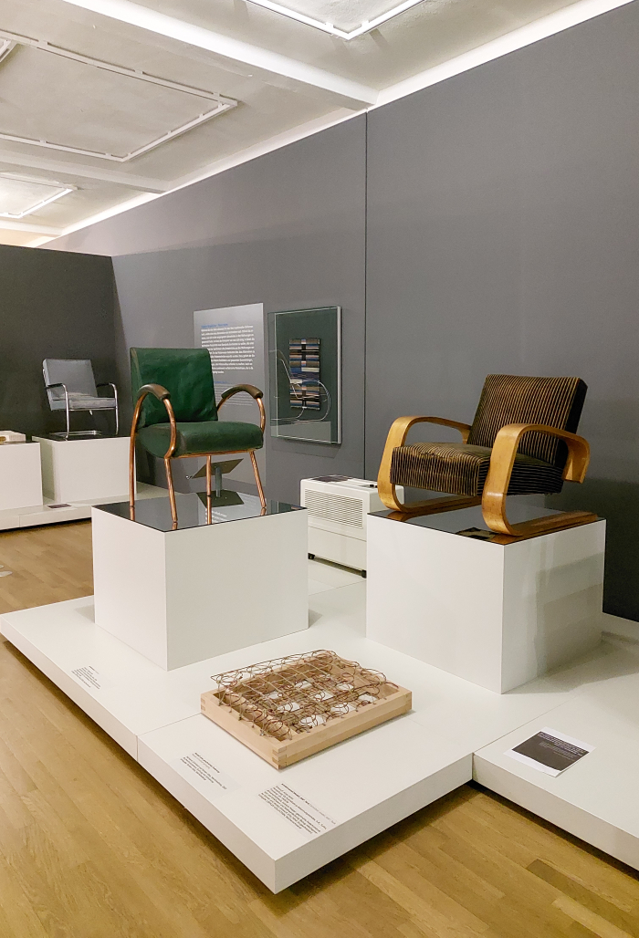 Works by (l to r) Anton Lorenz, Charles Siclis and Alvar & Aino Aalto, as seen at Deep-seated. The Secret Art of Upholstery, Grassi Museum für Angewandte Kunst, Leipzig