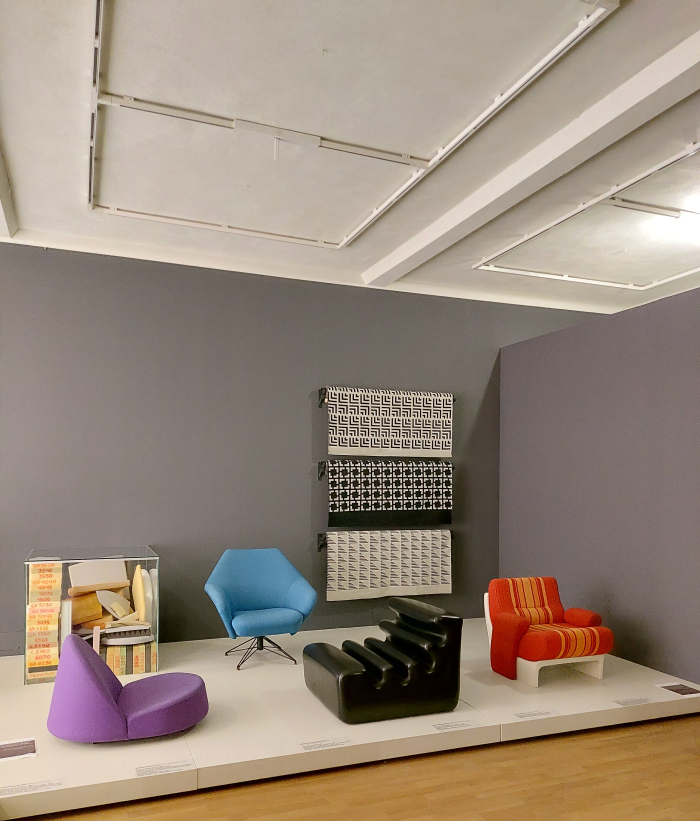 Works by (l to r) Nanna Ditzel, Osvaldo Borsani, Liisi Beckmann and VEB Möbelkombinat Berlin, plus textiles by Weberhof Lübz, as seen at Deep-seated. The Secret Art of Upholstery, Grassi Museum für Angewandte Kunst, Leipzig