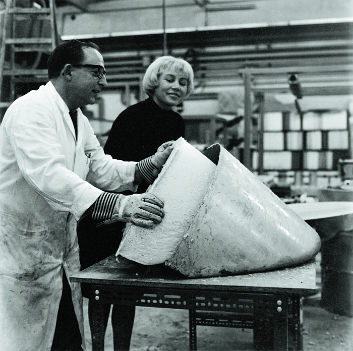 Nanna Ditzel, an unnamed craftsman, work on a prototype of the Vilette chair, part of Nanna Ditzel – Taking Design to New Heights, Trapholt, Kolding (photo Schnakenburg & Brahl, undated courtesy Trapholt)