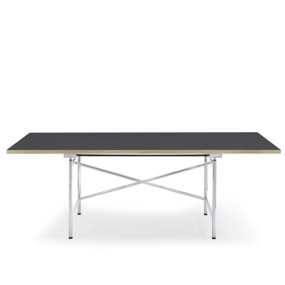 Eiermann 1 M Table (Mechanical Height Adjustment), Linoleum charcoal (Forbo 4166) with oak edge, 200 x 90 cm, Chrome