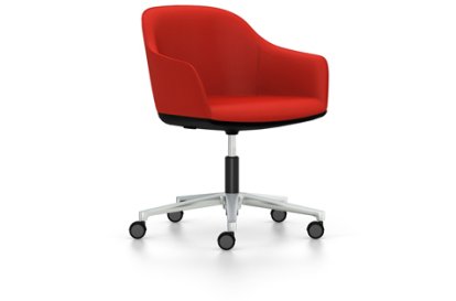 Softshell Armchair with five star base, Aluminium polished, Plano, Poppy red, Soft castors for hard floor surfaces