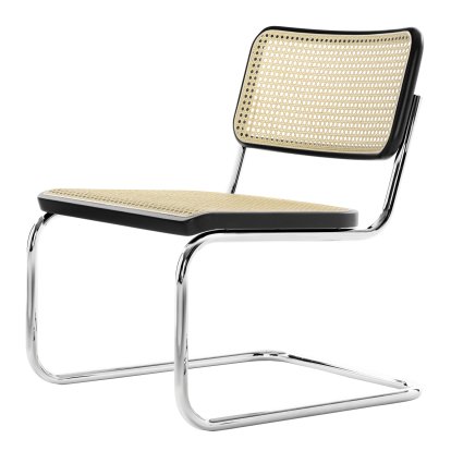 S 32 L Cantilever Chair, Cane-work (with supporting mesh underneath seat), Black stained beech, Chrome-plated, Black plastic glides with felt
