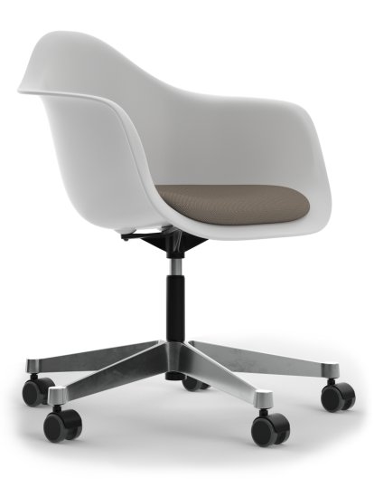 Eames Plastic Armchair PACC, Cotton white, With seat upholstery, Warm grey / moor brown