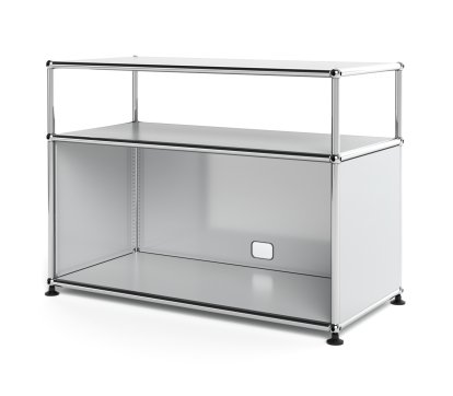 USM Haller Lowboard M with Extension, Customizable, Light grey RAL 7035, With drop-down door, With cable entry hole bottom centre