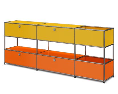 USM Haller Kids Sideboard L with storage boxes, Bicoloured, Golden yellow RAL 1004 - Pure orange RAL 2004, With drop-down doors