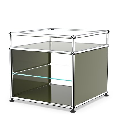 USM Haller Side Table with Extension and Glass Divider Shelf, Olive green RAL 6003