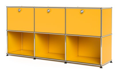 USM Haller Sideboard 50, Customizable, Golden yellow RAL 1004, With 3 drop-down doors, Open