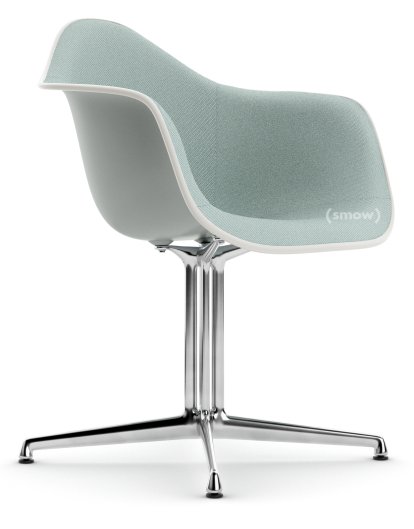 Eames Plastic Armchair DAL, Light grey, With full upholstery, Ice blue / ivory, Aluminium polished, New seat height (43,0 cm)