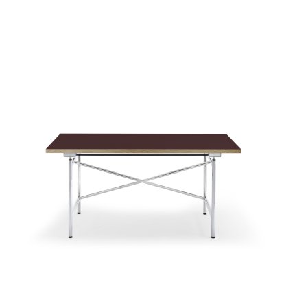 Eiermann 1 M Table (Mechanical Height Adjustment), Linoleum burgundy (Forbo 4154) with oak edge, 140 x 80 cm, Chrome