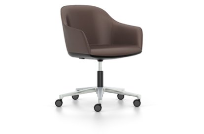 Softshell Armchair with five star base, Aluminium polished, Leather (Standard), Marron, Soft castors for hard floor surfaces