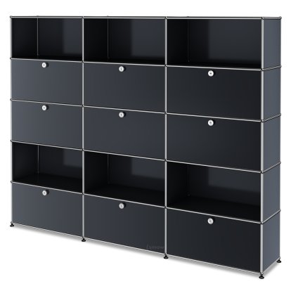USM Haller Storage Unit XL, Customizable, Anthracite RAL 7016, With 3 drop-down doors, With 3 drop-down doors, Open, With 3 extension doors