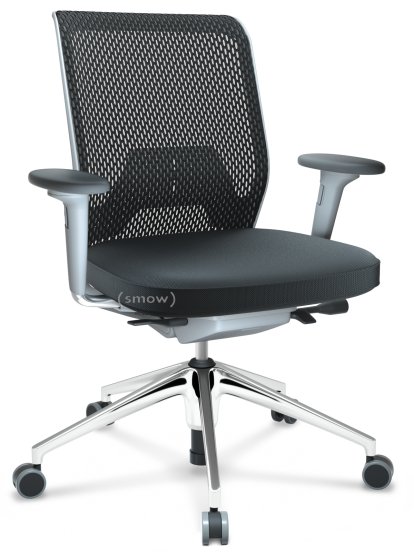 ID Mesh, FlowMotion-with tilt mechanism, with seat depth adjustment, With 2D armrests, 5 star foot, polished aluminium, Soft grey, Silk mesh seat cover, diamond mesh back, Nero, Hard castors for carpets