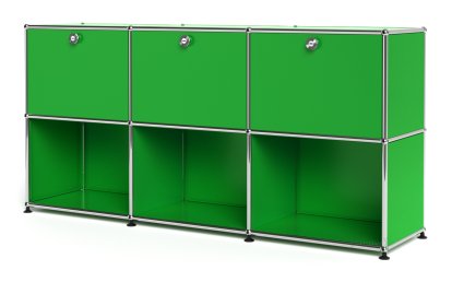 USM Haller Sideboard 50, Customizable, USM green, With 3 drop-down doors, Open