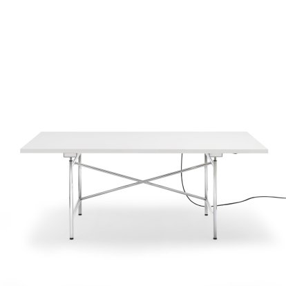 Eiermann 1 E Table (Electric Height Adjustment), White melamine with white edge, 180 x 90 cm, Chrome, Without cable duct