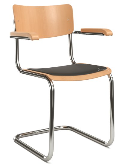 S 43 F Classic Cantilever Chair, Chrome-plated frame, Stained beech, Beech, clear varnish, Seat pad with upholstery black, No glides