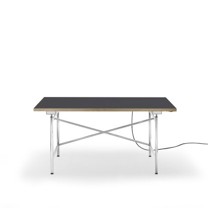 Eiermann 1 E Table (Electric Height Adjustment), Linoleum charcoal (Forbo 4166) with oak edge, 140 x 80 cm, Chrome, With cable duct