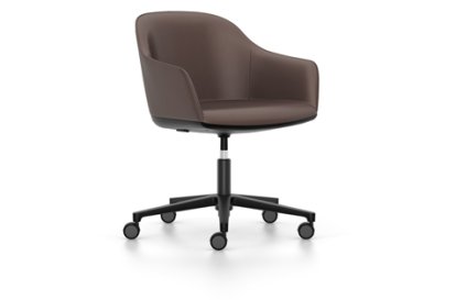 Softshell Armchair with five star base, Aluminum base powder coated basic dark, Leather (Standard), Marron, Hard castors for carpets