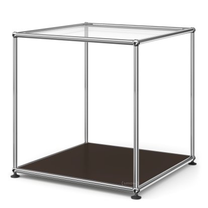 USM Haller High Side Table 50, Upper panel glass, lower panel metal, USM brown