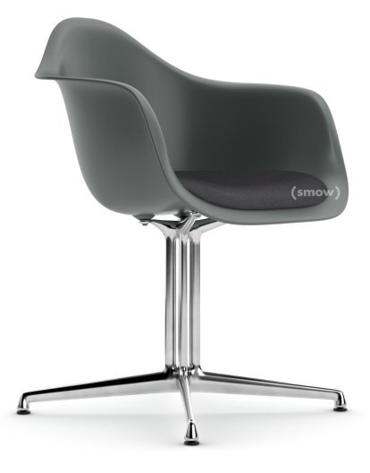 Eames Plastic Armchair DAL, Granite grey, With seat upholstery, Dark grey, Aluminium polished, New seat height (43,0 cm)