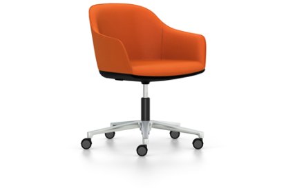 Softshell Armchair with five star base, Aluminium polished, Plano, Orange, Soft castors for hard floor surfaces