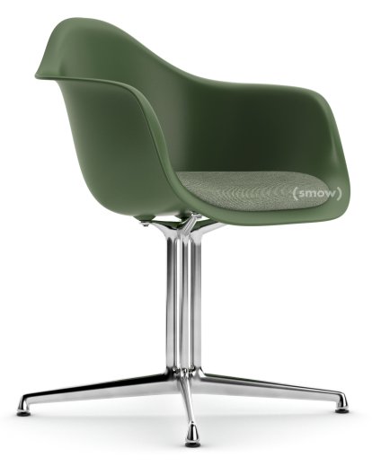 Eames Plastic Armchair DAL, Forest, With seat upholstery, Ivory / forest, Aluminium polished, New seat height (43,0 cm)