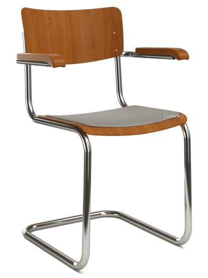 S 43 F Classic Cantilever Chair, Chrome-plated frame, Stained beech, Cherry tree, Seat pad without upholstery light grey melange, No glides