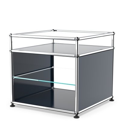 USM Haller Side Table with Extension and Glass Divider Shelf, Steel blue RAL 5011