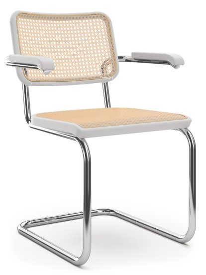 S 64 / S 64 N Cantilever Chair, Cane-work (with supporting mesh underneath seat), White varnished beech, No glides