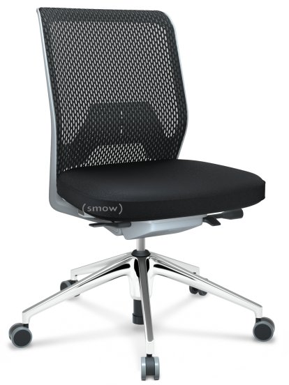 ID Mesh, FlowMotion-without tilt mechanism, without seat depth adjustment, Without armrests, 5 star foot, polished aluminium, Soft grey, Plano seat cover, diamond mesh back, Nero, Hard castors for carpets