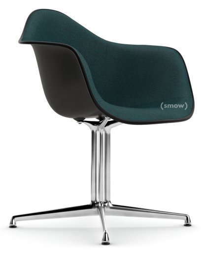 Eames Plastic Armchair DAL, Deep black, With full upholstery, Petrol / moor brown, Aluminium polished, New seat height (43,0 cm)