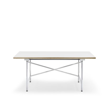 Eiermann 1 M Table (Mechanical Height Adjustment), White melamine with oak edge, 160 x 80 cm, Chrome