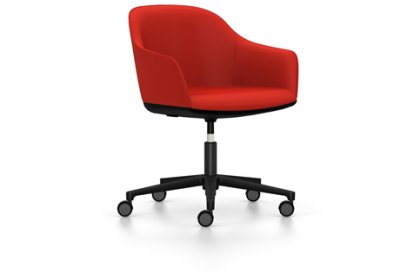 Softshell Armchair with five star base, Aluminum base powder coated basic dark, Plano, Poppy red, Soft castors for hard floor surfaces