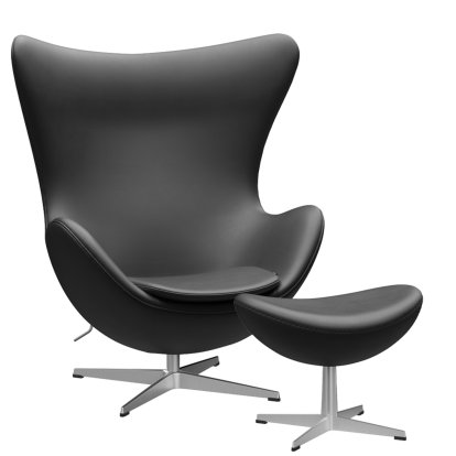 Egg Chair, Leather Essential, Black, Satin polished aluminium, With footstool