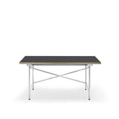 Eiermann 1 M Table (Mechanical Height Adjustment), Linoleum charcoal (Forbo 4166) with oak edge, 140 x 80 cm, Chrome