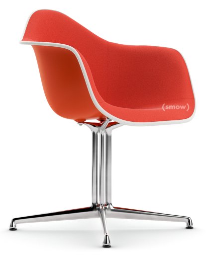 Eames Plastic Armchair DAL, Red (poppy red), With full upholstery, Coral / poppy red , Aluminium polished, New seat height (43,0 cm)
