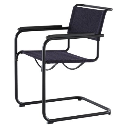 S 33 / S 34 V Soft Cantilever Chair, Armrests black stained beech, Deep black matt powder coated, Fabric Cento deep - dark blue, Black plastic glides with felt