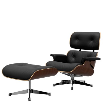 Eames Lounge Chair & Ottoman, Dark walnut, Leather Premium F nero, 84 cm - Original height 1956, Aluminium polished