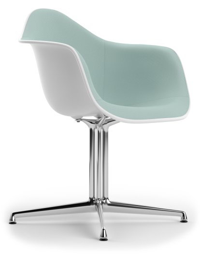 Eames Plastic Armchair DAL, Cotton white, With full upholstery, Ice blue / ivory, Aluminium polished, New seat height (43,0 cm)