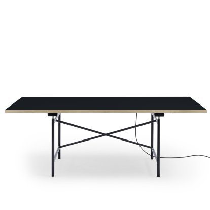 Eiermann 1 E Table (Electric Height Adjustment), Linoleum black (Forbo 4023) with oak edge, 200 x 90 cm, Black, Without cable duct