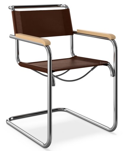S 33 / S 34 Cantilever Chair, Armrests natural stained beech, Butt leather, Chocolate, No glides