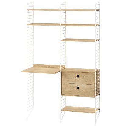 String System Floor Shelf with Desk and Storage, Shelves oak, panels white
