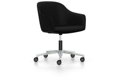 Softshell Armchair with five star base, Aluminium polished, Plano, Nero, Hard castors for carpets