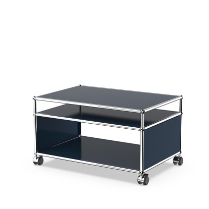 USM Haller Side Table with Extension and Castors, Steel blue RAL 5011, Soft castors for hard floor surfaces