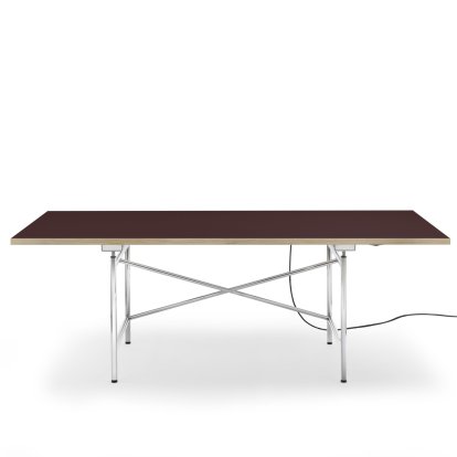 Eiermann 1 E Table (Electric Height Adjustment), Linoleum burgundy (Forbo 4154) with oak edge, 200 x 90 cm, Chrome, Without cable duct