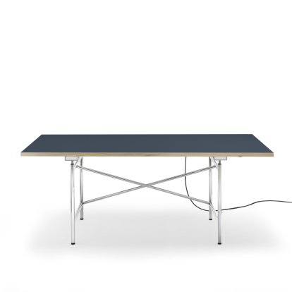 Eiermann 1 E Table (Electric Height Adjustment), Linoleum smokey blue (Forbo 4179) with oak edge, 180 x 90 cm, Chrome, With cable duct