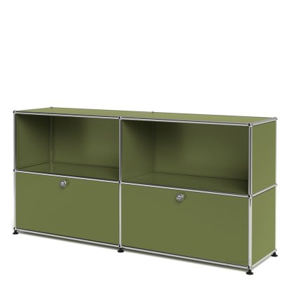 USM Haller Sideboard L, Customizable, Olive green RAL 6003, Open, With 2 drop-down doors