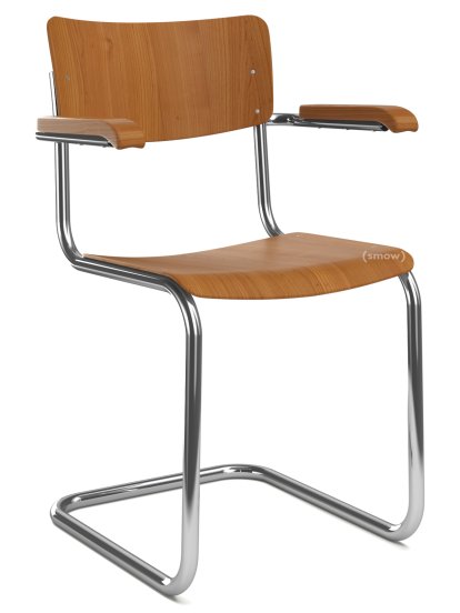 S 43 F Classic Cantilever Chair, Chrome-plated frame, Stained beech, Cherry tree, Without seat pad, Black plastic glides with felt