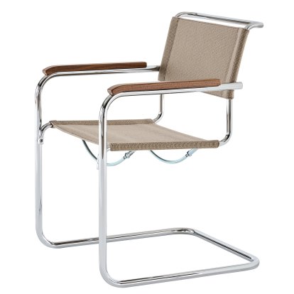 S 33 / S 34 V Soft Cantilever Chair, Armrests oiled walnut, Chrome-plated, Fabric Nobel 61297 - beige, Black plastic glides with felt